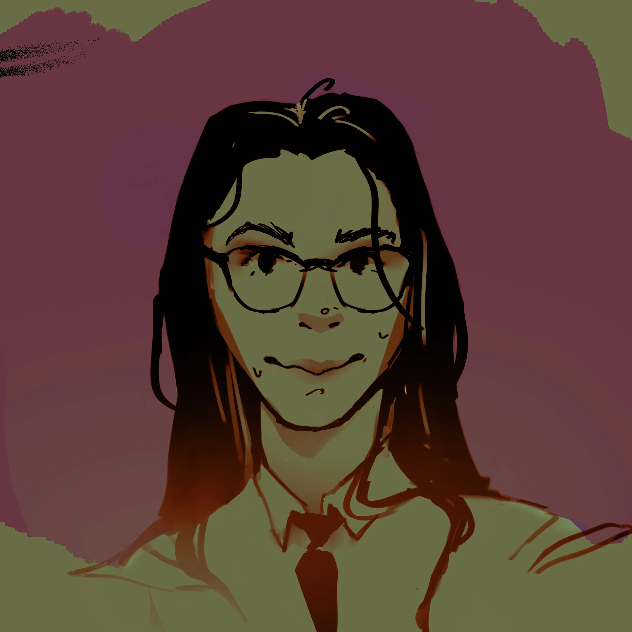 Digital portrait of a woman with long hair and glasses, wearing a tie. The background is a blend of purples and greens, conveying a mysterious tone.